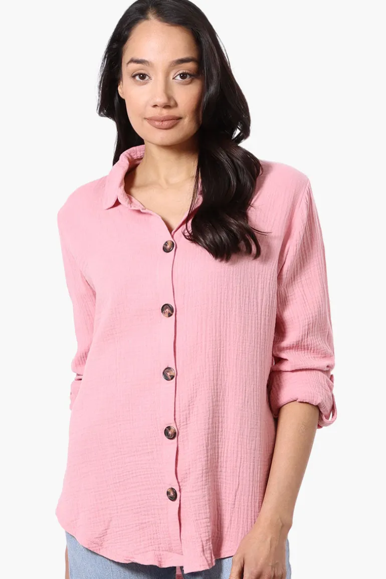 International INC Company Roll Up Sleeve Button Down Shirt - Pink