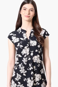 International INC Company Floral Cap Sleeve Henley Shirt - Navy