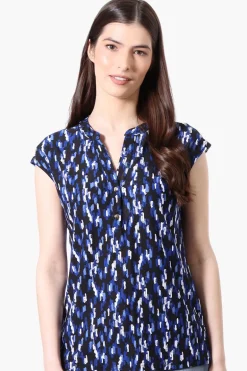 International INC Company Patterned Cap Sleeve Henley Shirt - Blue