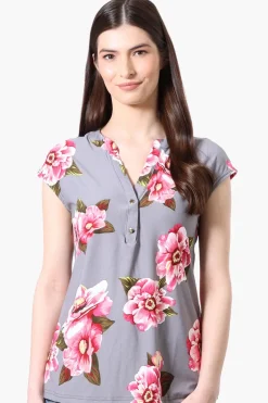 International INC Company Floral Cap Sleeve Henley Shirt - Grey