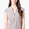 International INC Company Striped Cap Sleeve Henley Shirt - Cream