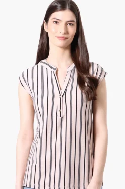 International INC Company Striped Cap Sleeve Henley Shirt - Cream