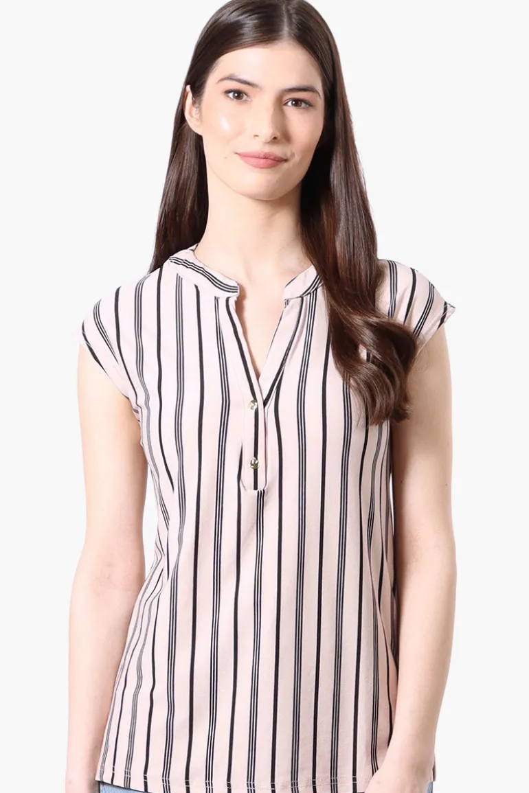International INC Company Striped Cap Sleeve Henley Shirt - Cream