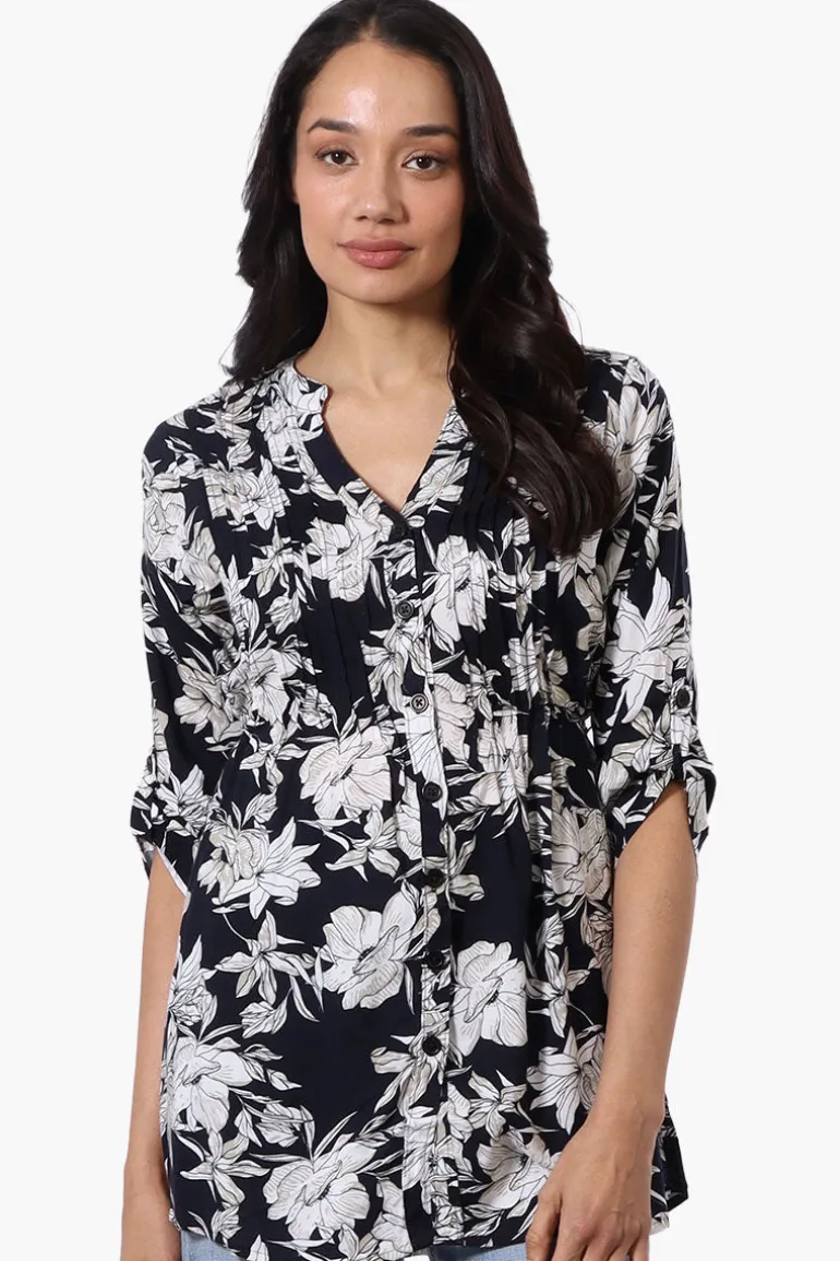 International INC Company Floral Pintuck Blouse - Navy