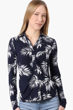 International INC Company Floral Ruched Button Down Shirt - Navy