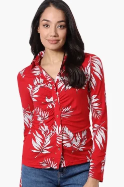 International INC Company Floral Ruched Button Down Shirt - Red