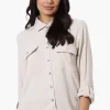 International INC Company Button Down Roll Up Sleeve Shirt - Beige
