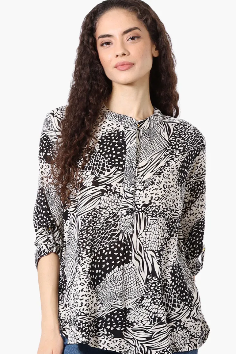 International INC Company Patterned Hidden Button Blouse - Black