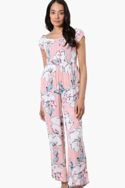 International INC Company Floral Smocked Square Neck Jumpsuit - Pink