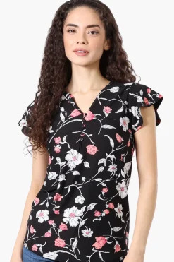 International INC Company Floral Ruffle Sleeve Tee - Black