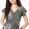 International INC Company Floral Ruffle Sleeve Tee - Olive