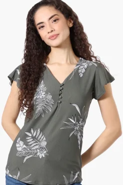 International INC Company Floral Ruffle Sleeve Tee - Olive