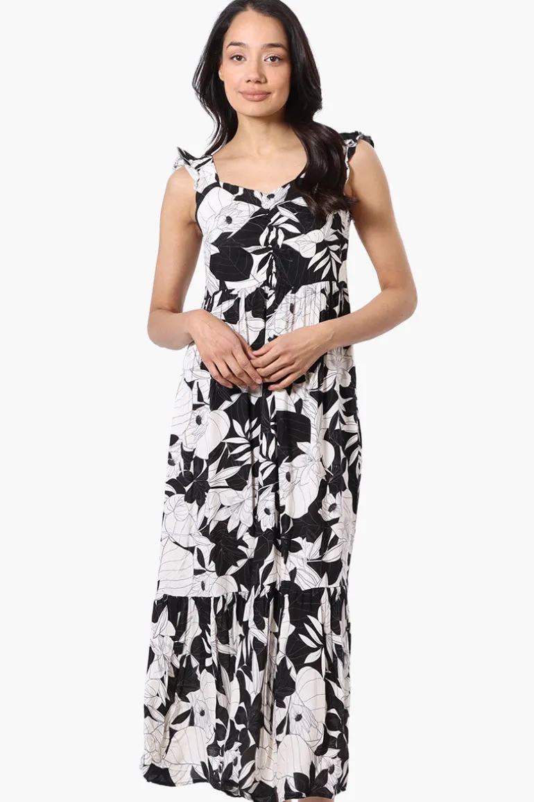International INC Company Floral Ruffle Strap Maxi Dress - Black