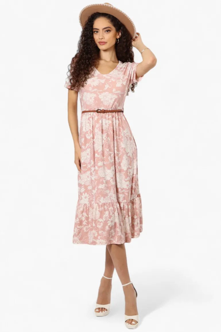 International INC Company Floral Belted Short Sleeve Maxi Dress - Blush