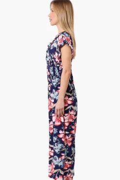 International INC Company Floral Crossover Wide Leg Jumpsuit - Navy