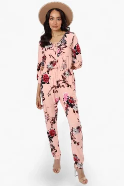 International INC Company Floral Roll Up Sleeve Jumpsuit - Pink