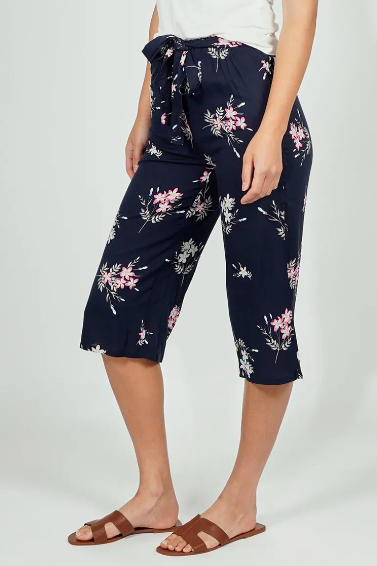 International INC Company Belted Floral Culotte Pants - Navy
