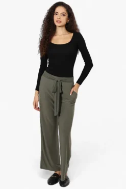 International INC Company Solid Belted Palazzo Pants - Olive