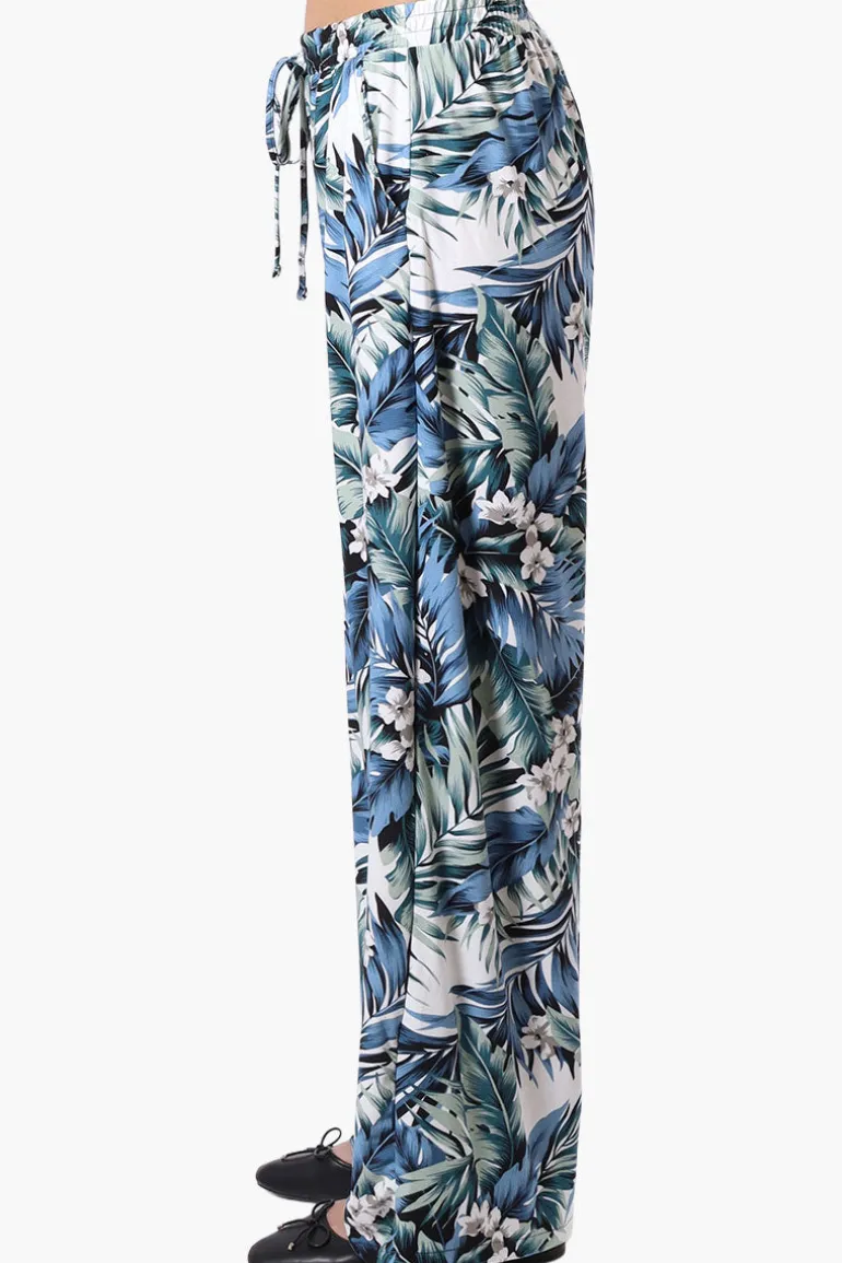 International INC Company Leaf Print Tie Waist Palazzo Pants - Blue