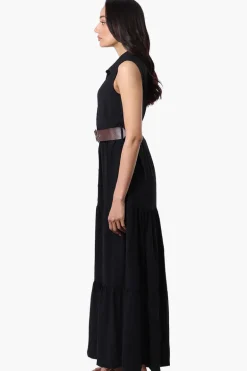 International INC Company Belted Button Down Tiered Maxi Dress - Black