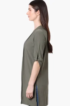 International INC Company Roll Up Sleeve Open Duster Cardigan - Olive