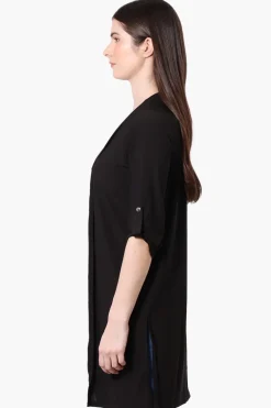 International INC Company Roll Up Sleeve Open Duster Cardigan - Black