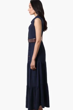 International INC Company Belted Button Down Tiered Maxi Dress - Navy
