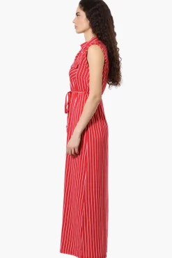 International INC Company Striped Belted Button Down Maxi Dress - Red