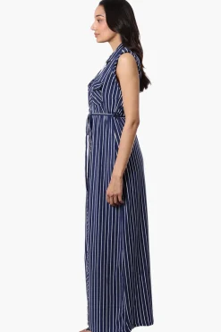 International INC Company Striped Belted Button Down Maxi Dress - Navy