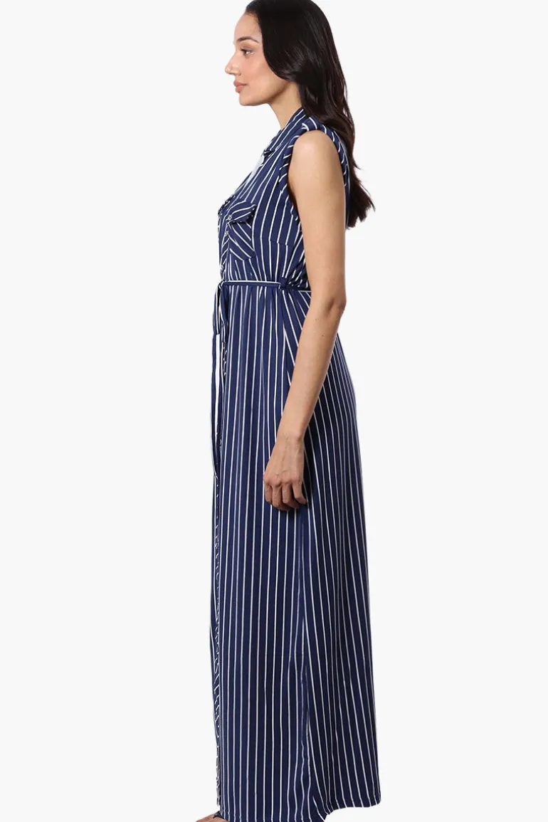 International INC Company Striped Belted Button Down Maxi Dress - Navy