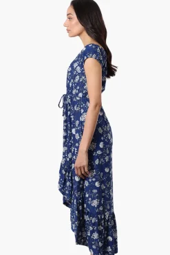 International INC Company Floral Ruffled Button Down Midi Dress - Navy