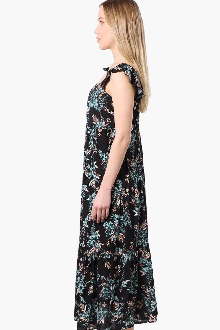 International INC Company Leaf Pattern Ruffle Strap Maxi Dress - Black