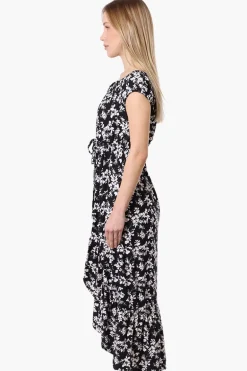 International INC Company Floral Ruffled Button Down Midi Dress - Black