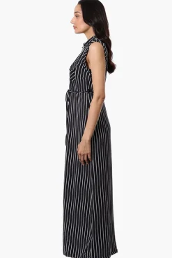 International INC Company Striped Belted Button Down Maxi Dress - Black