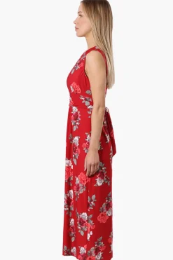 International INC Company Floral Padded Crossover Maxi Dress - Red