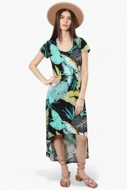 International INC Company Leaf Pattern High Low Maxi Dress - Black
