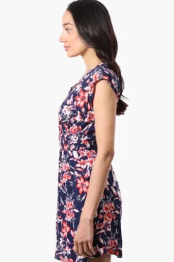 International INC Company Floral Smocked Waist Day Dress - Navy