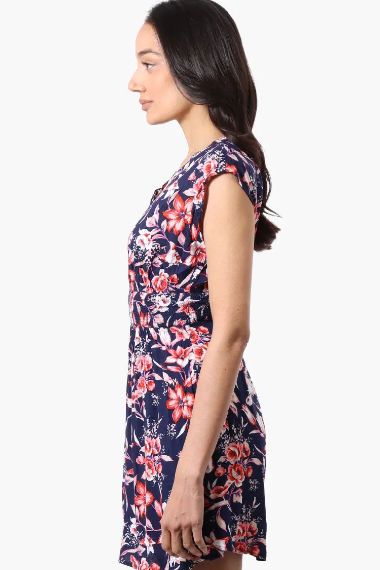 International INC Company Floral Smocked Waist Day Dress - Navy