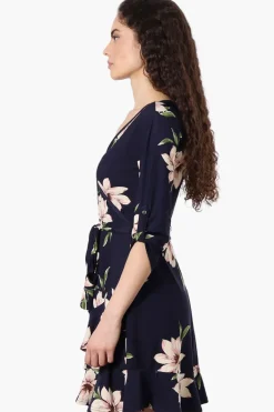 International INC Company Floral Belted Crossover Day Dress - Navy