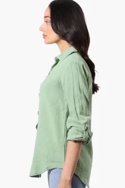 International INC Company Roll Up Sleeve Button Down Shirt - Green