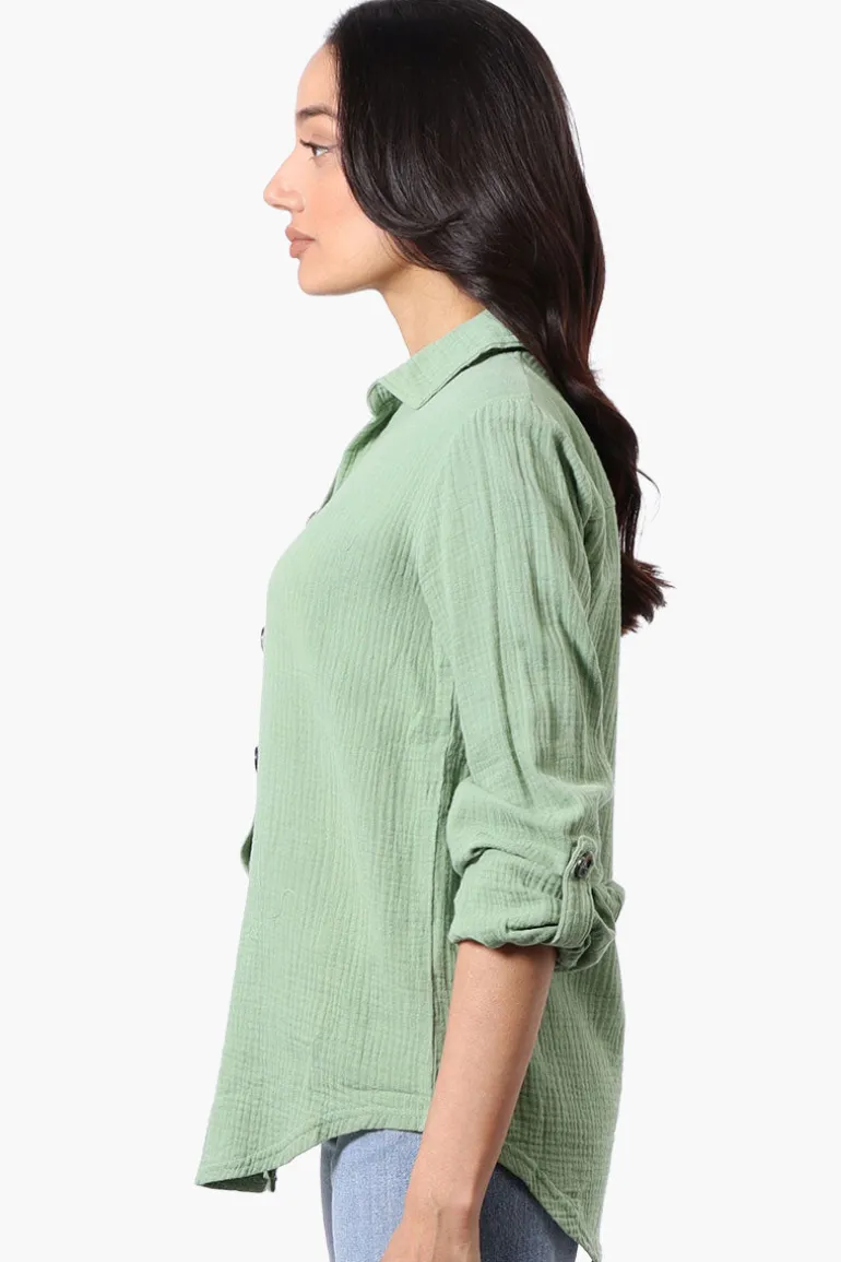 International INC Company Roll Up Sleeve Button Down Shirt - Green