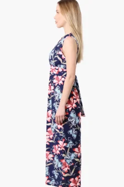 International INC Company Floral Crossover Back Tie Maxi Dress - Navy