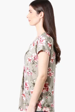 International INC Company Floral Short Sleeve Blouse - Olive