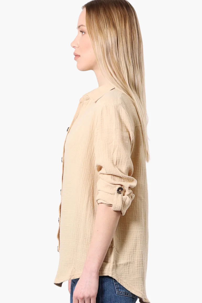International INC Company Roll Up Sleeve Button Down Shirt - Cream