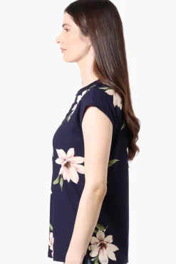 International INC Company Floral Cap Sleeve Henley Shirt - Navy