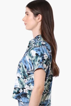 International INC Company Leaf Pattern Button Up Cropped Shirt - Green