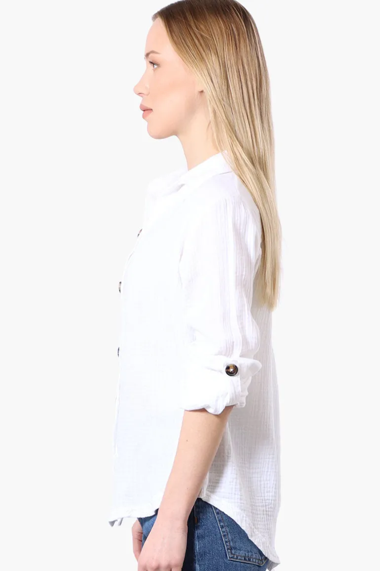 International INC Company Roll Up Sleeve Button Down Shirt - White