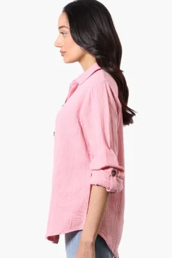 International INC Company Roll Up Sleeve Button Down Shirt - Pink