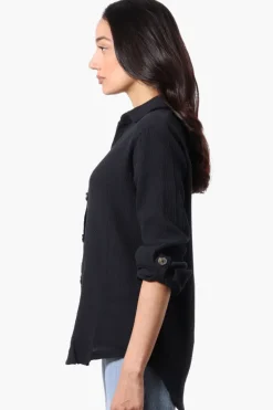 International INC Company Roll Up Sleeve Button Down Shirt - Black