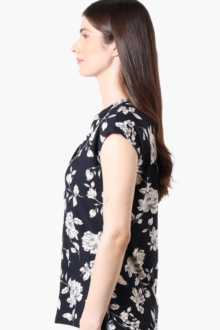 International INC Company Floral Cap Sleeve Henley Shirt - Navy
